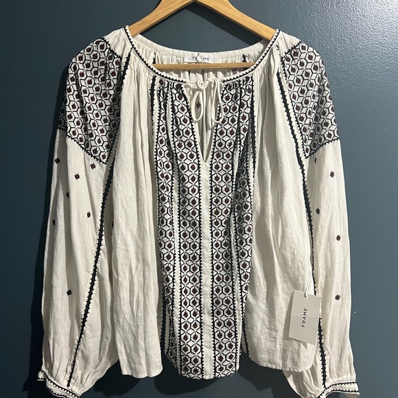 Frame Anita Embroidered Linen Peasant Top Oversized Tie Lace Long Sleeve S/p - Picture 2 of 10